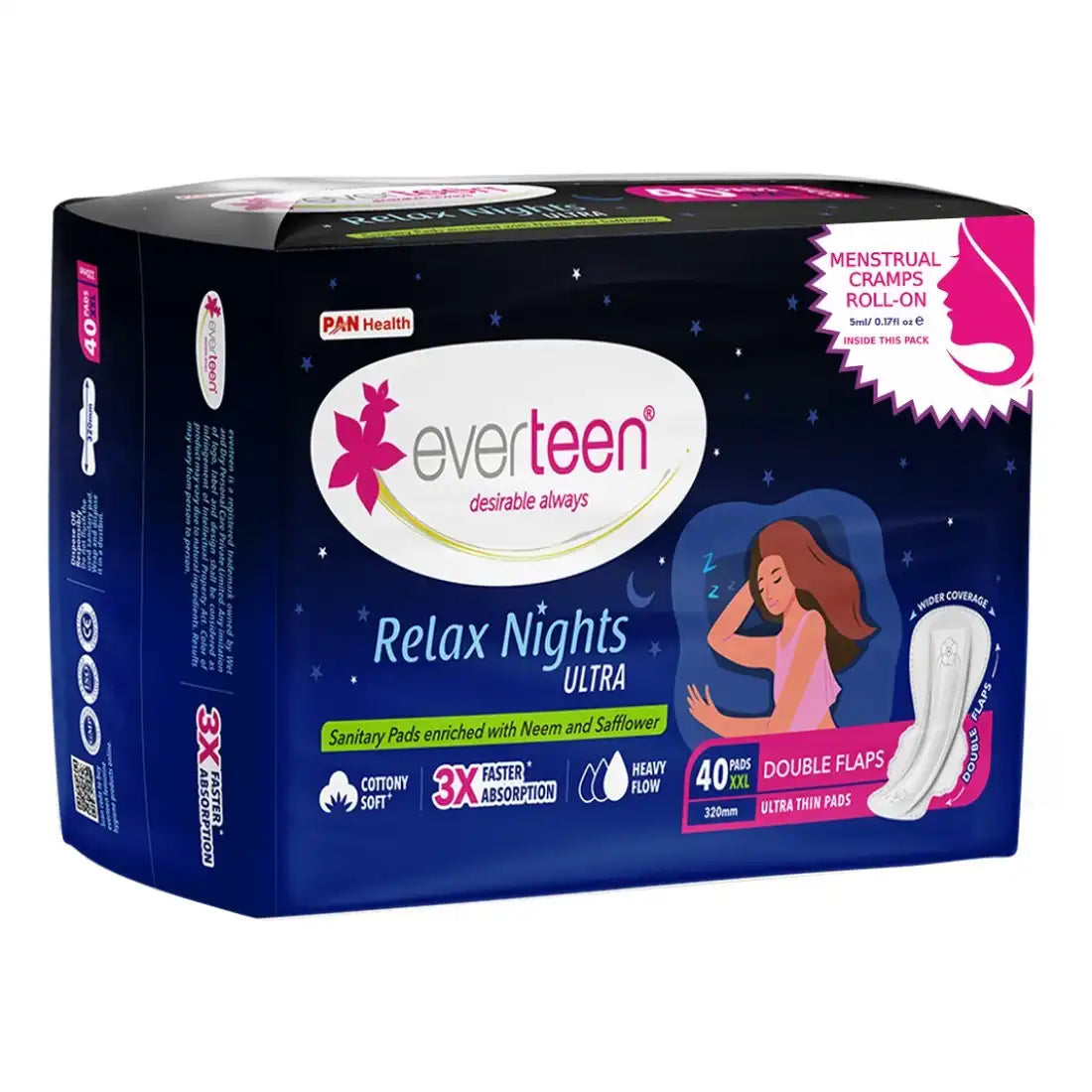 Subscribe to everteen XXL Relax Nights Ultra 40 Sanitary Pads, Free Menstrual Cramps Roll-On