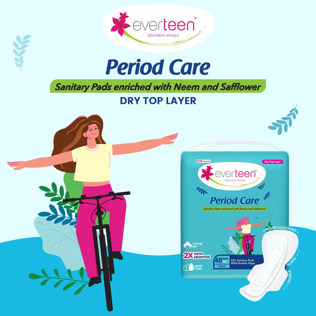 Subscribe to everteen Period Care XXL Dry 40 Sanitary Pads with Double Flaps, Neem, Safflower